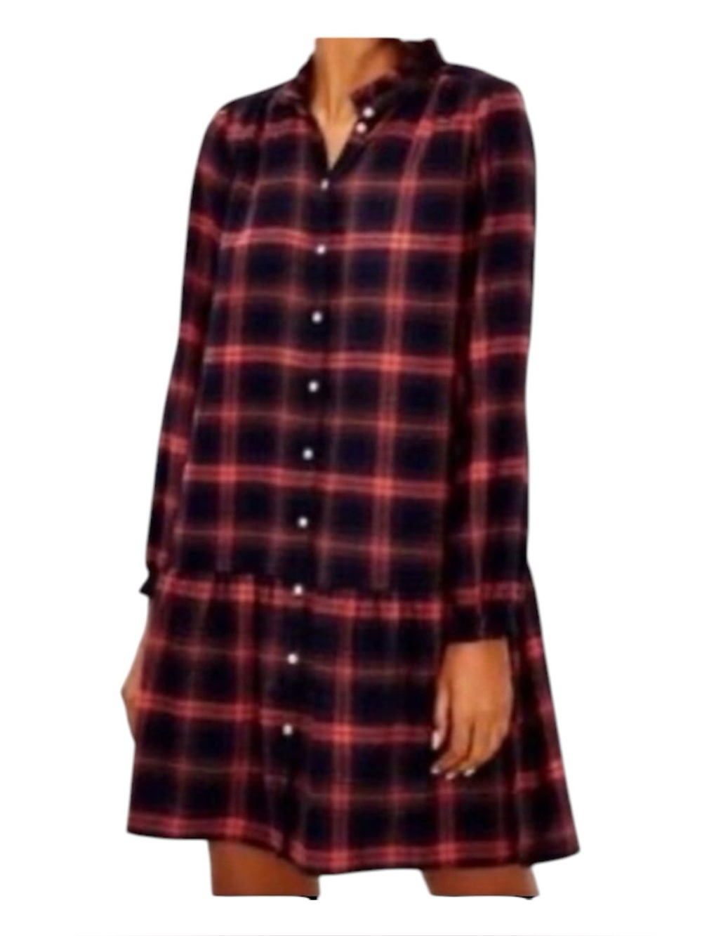 LOFT Plaid Drop Waist Shirt Dress Ruffle Collar Button Front XS